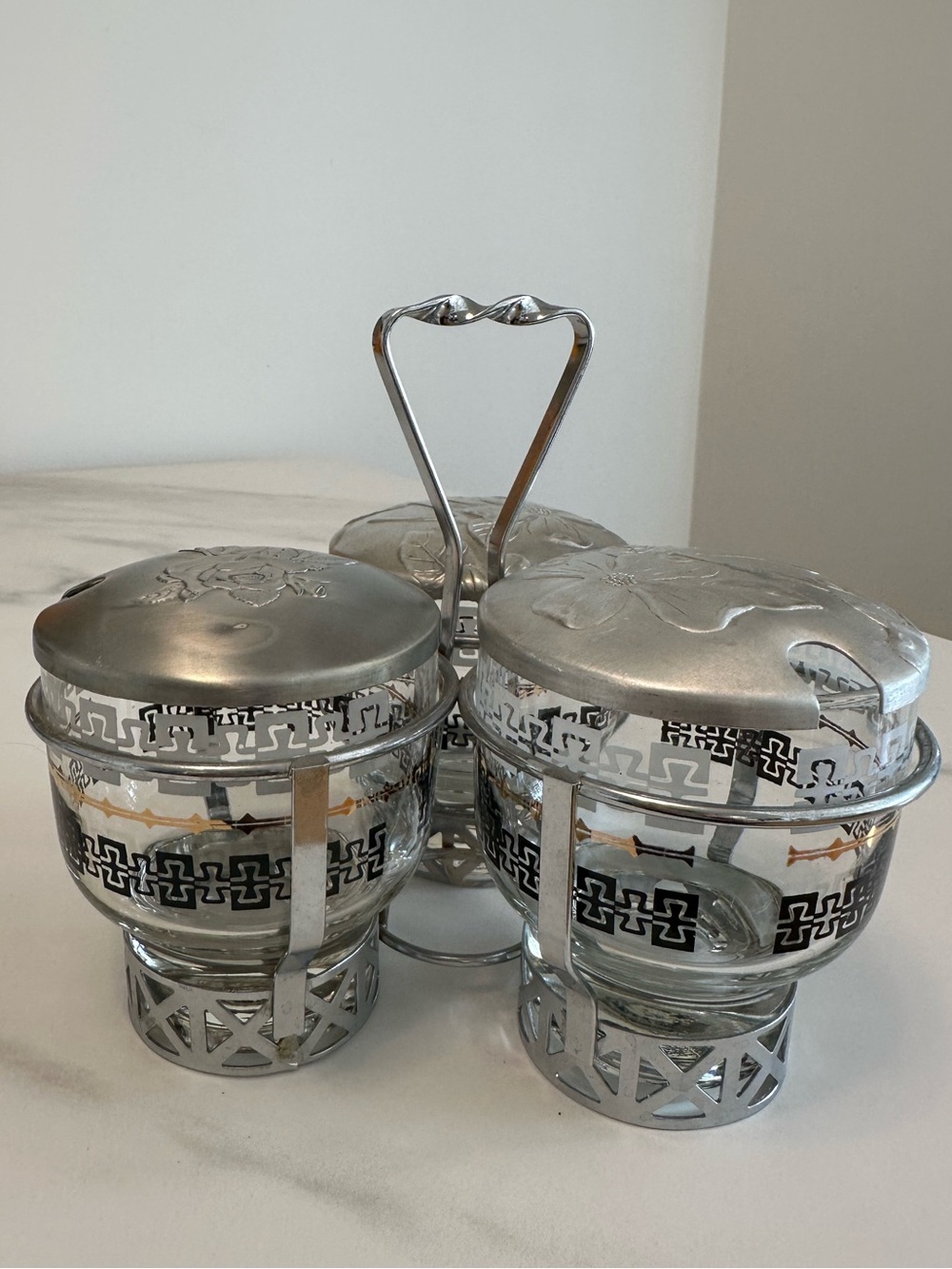 Vintage Libby 3 Glass Condiment Server Set with Metal Lids and Caddy